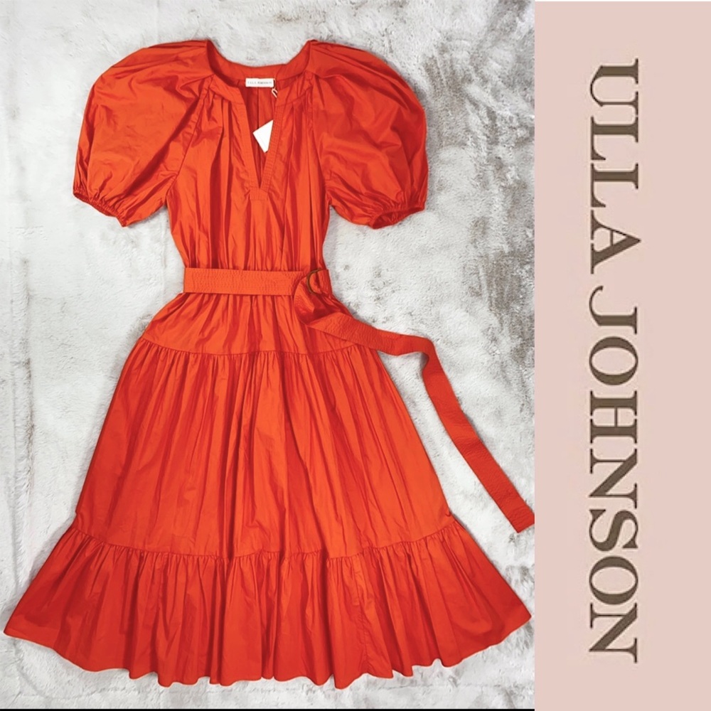 ULLA JOHNSON Orange Red 100% Cotton Puff-Sleeve Midi Belted Dress sz 2 NWT